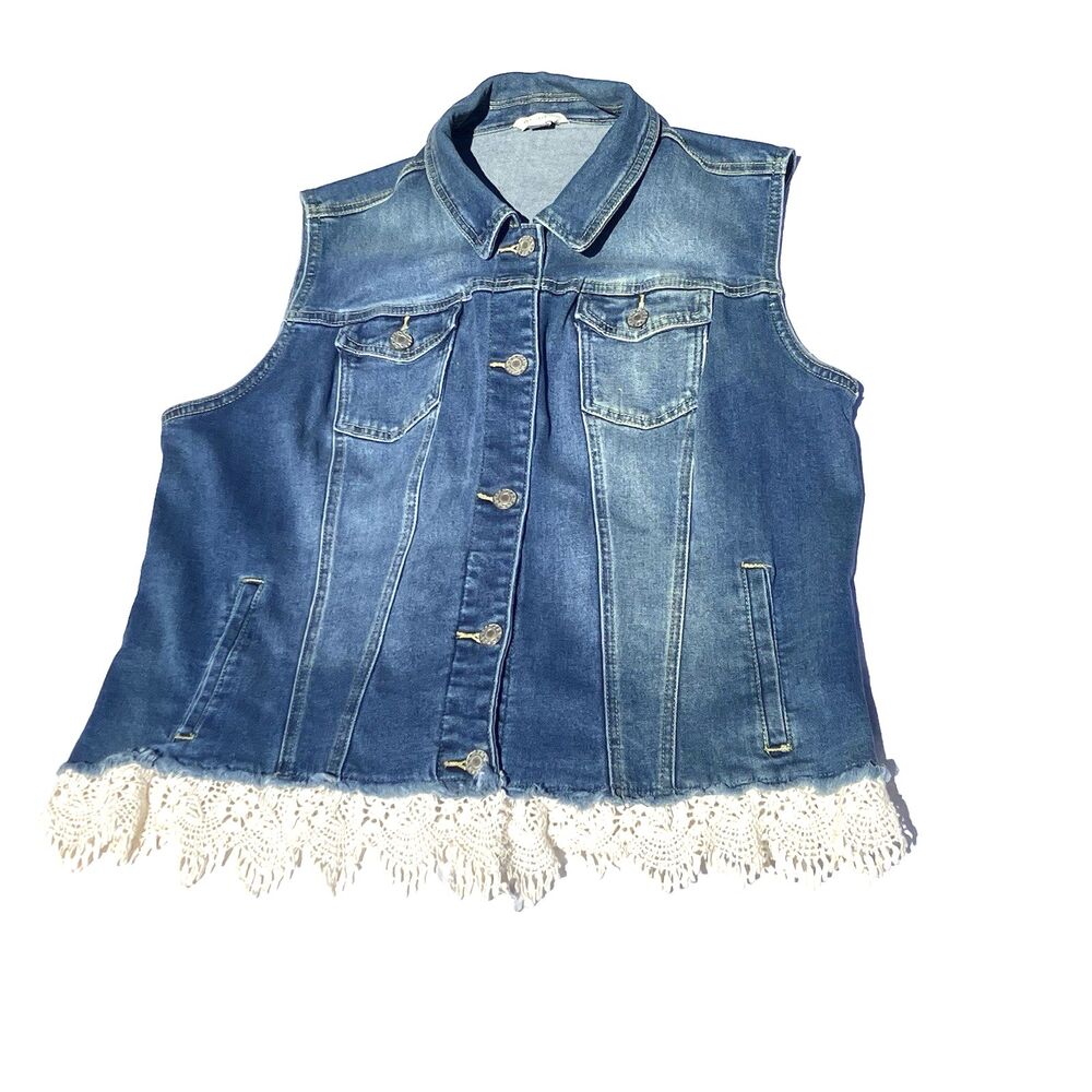 C est 1946 Cato Denim Vest Crochet Raw Fringe Lace XL Blue Doilies Hippie Boho